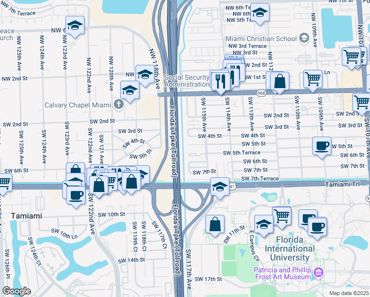 map of restaurants, bars, coffee shops, grocery stores, and more near 11572 Southwest 5th Street in Miami