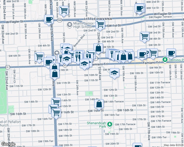 map of restaurants, bars, coffee shops, grocery stores, and more near 2253 Southwest 10th Street in Miami