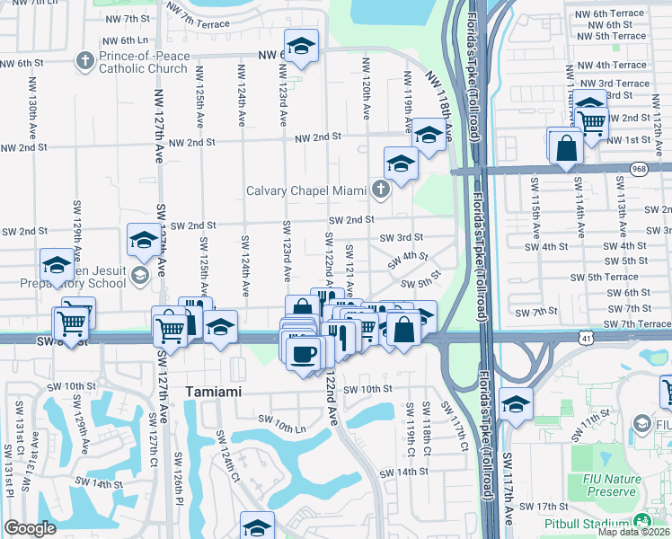 map of restaurants, bars, coffee shops, grocery stores, and more near 229 Southwest 122nd Avenue in Miami