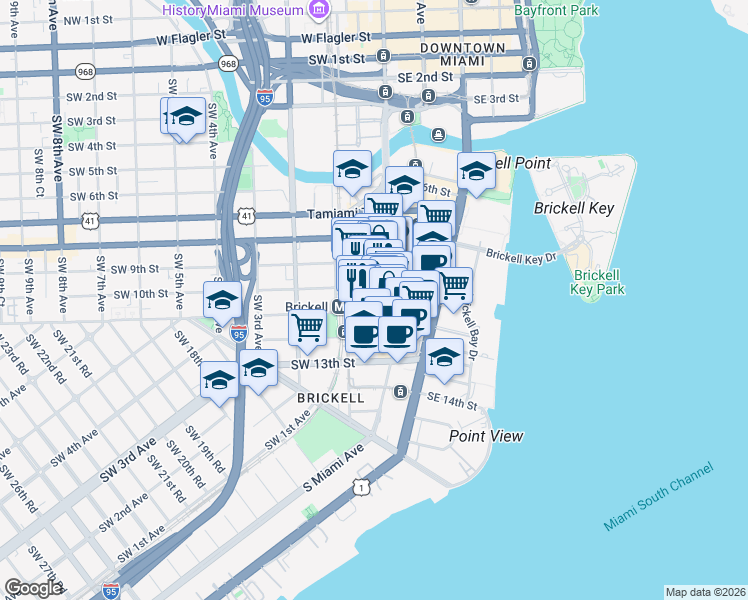 map of restaurants, bars, coffee shops, grocery stores, and more near 50 Southwest 10th Street in Miami