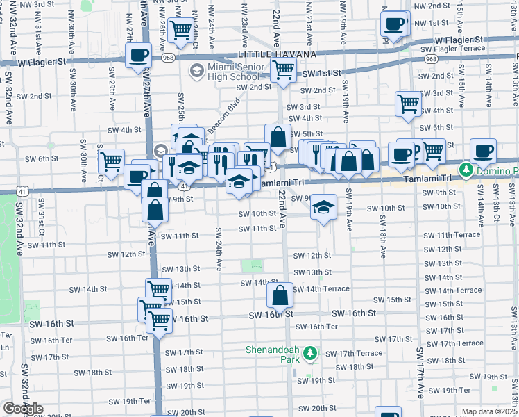 map of restaurants, bars, coffee shops, grocery stores, and more near 2253 Southwest 10th Street in Miami