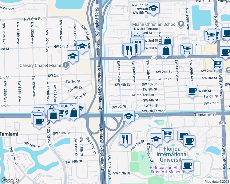 map of restaurants, bars, coffee shops, grocery stores, and more near 11530 Southwest 5th Street in Miami