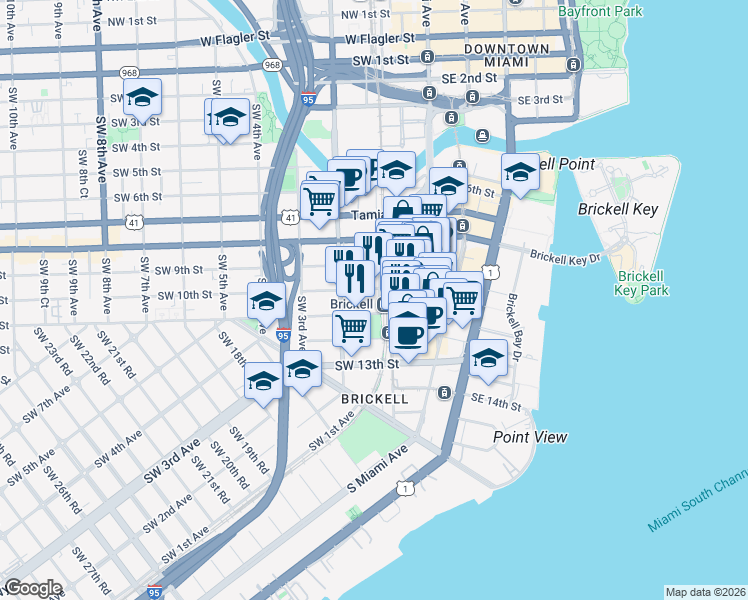map of restaurants, bars, coffee shops, grocery stores, and more near 1030 Southwest 1st Avenue in Miami