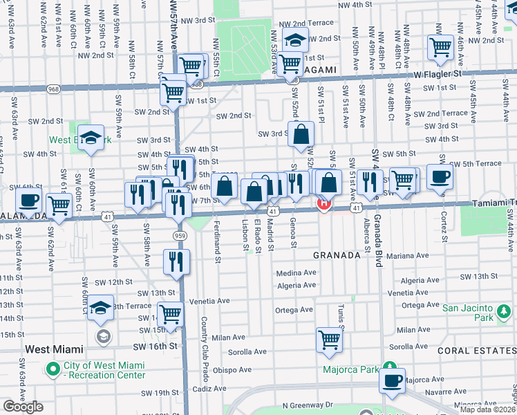 map of restaurants, bars, coffee shops, grocery stores, and more near 5407 Southwest 8th Street in Miami