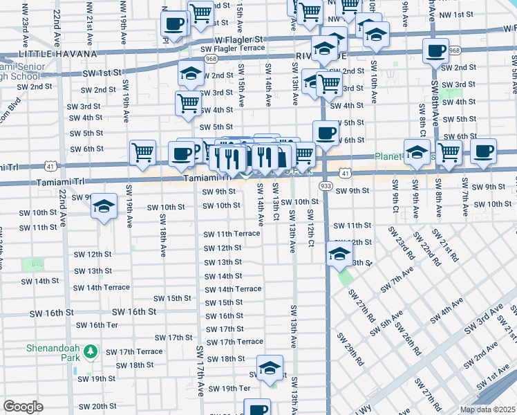 map of restaurants, bars, coffee shops, grocery stores, and more near 1020 Southwest 14th Avenue in Miami