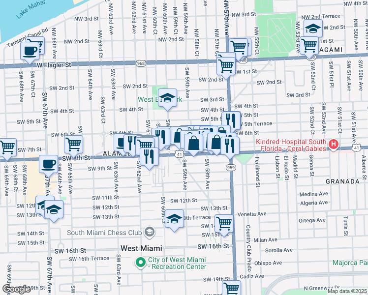 map of restaurants, bars, coffee shops, grocery stores, and more near 5920 Southwest 7th Street in Miami