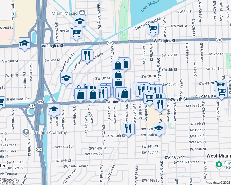 map of restaurants, bars, coffee shops, grocery stores, and more near 631 Southwest 71st Court in Miami
