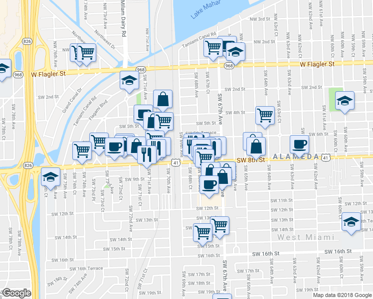 map of restaurants, bars, coffee shops, grocery stores, and more near 6841 Southwest 7th Street in Miami