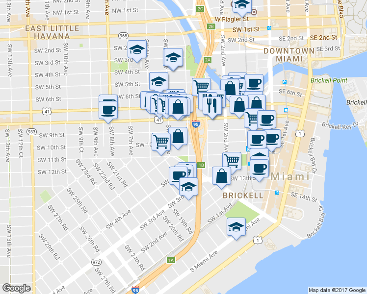 map of restaurants, bars, coffee shops, grocery stores, and more near 1001 Southwest 4th Avenue in Miami