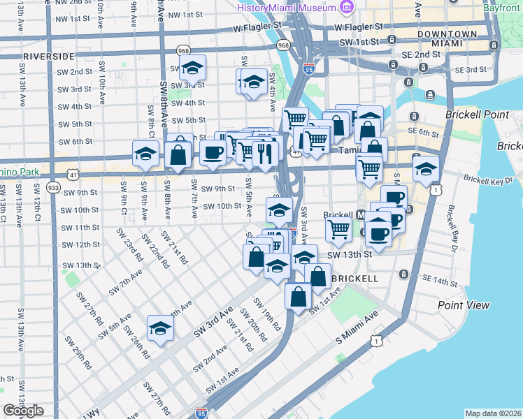map of restaurants, bars, coffee shops, grocery stores, and more near 480 Southwest 10th Street in Miami
