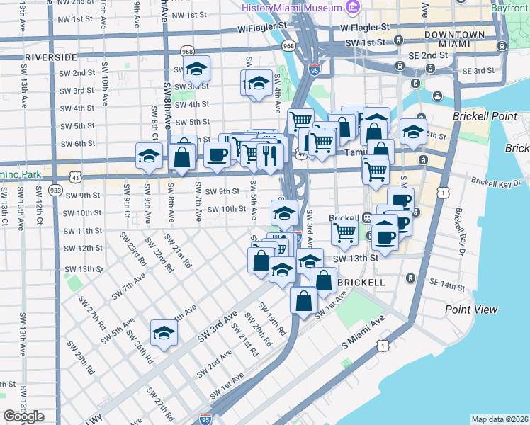 map of restaurants, bars, coffee shops, grocery stores, and more near 480 Southwest 10th Street in Miami