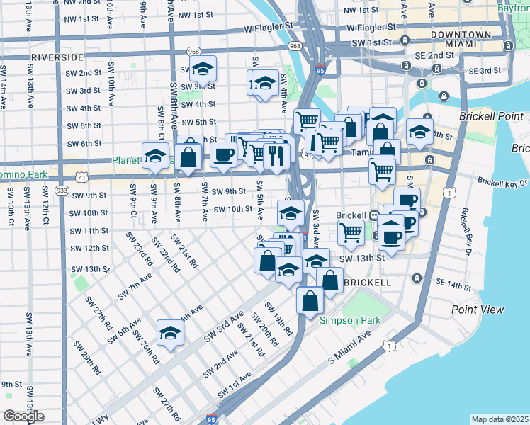 map of restaurants, bars, coffee shops, grocery stores, and more near 480 Southwest 10th Street in Miami