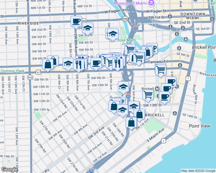 map of restaurants, bars, coffee shops, grocery stores, and more near 558 Southwest 10th Street in Miami