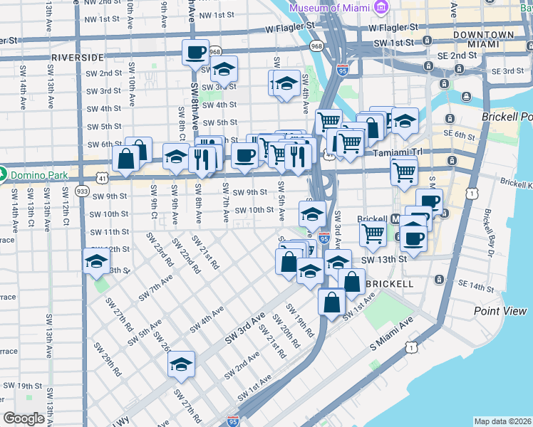 map of restaurants, bars, coffee shops, grocery stores, and more near 558 Southwest 10th Street in Miami