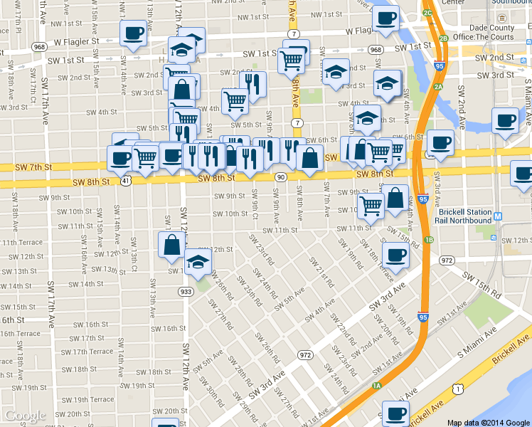 map of restaurants, bars, coffee shops, grocery stores, and more near 932 Southwest 10th Street in Miami