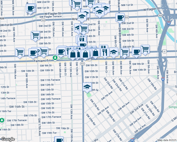 map of restaurants, bars, coffee shops, grocery stores, and more near 1171 Southwest 10th Street in Miami