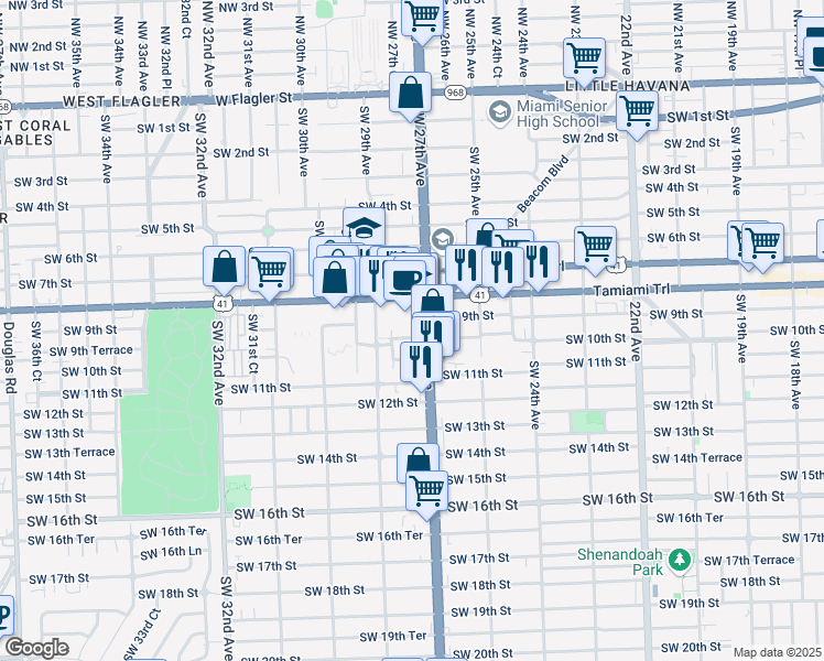 map of restaurants, bars, coffee shops, grocery stores, and more near 2701 Southwest 10th Street in Miami