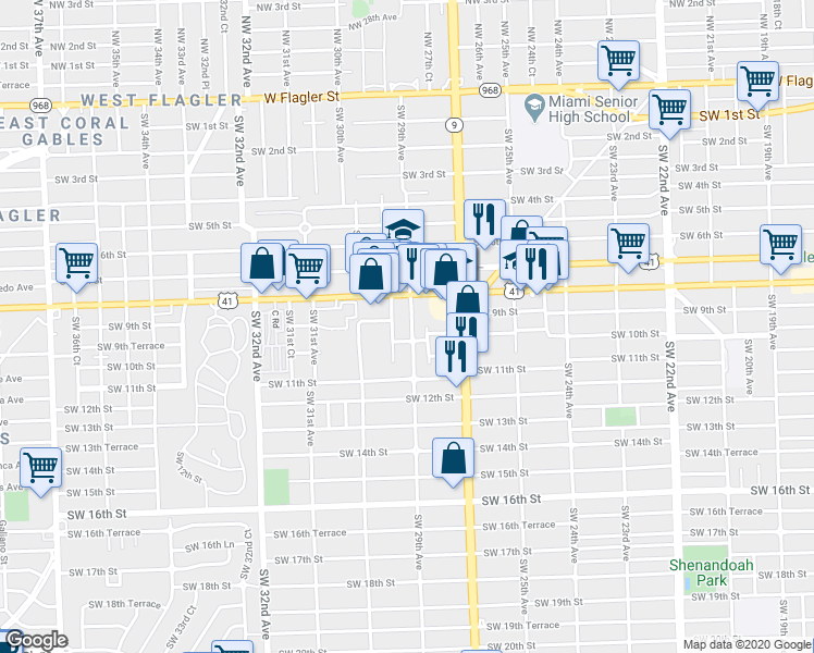 map of restaurants, bars, coffee shops, grocery stores, and more near 928 Southwest 29th Avenue in Miami