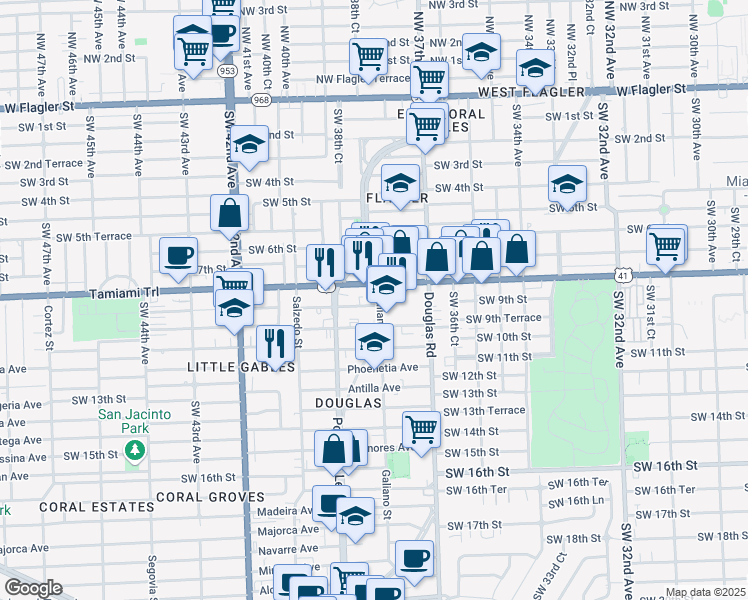 map of restaurants, bars, coffee shops, grocery stores, and more near 101 Antiquera Avenue in Coral Gables