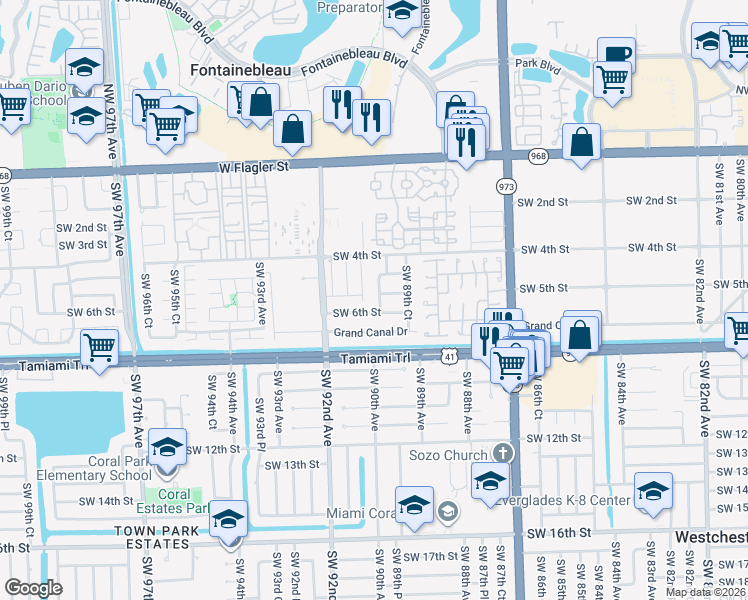 map of restaurants, bars, coffee shops, grocery stores, and more near 8980 Southwest 5th Lane in Miami