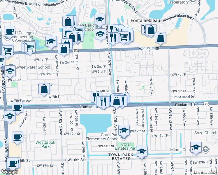 map of restaurants, bars, coffee shops, grocery stores, and more near 9700 Southwest 5th Street in Miami