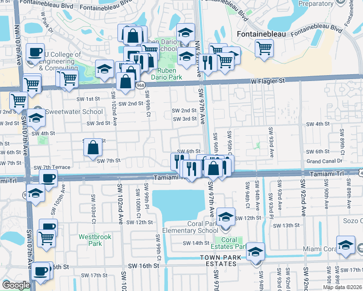 map of restaurants, bars, coffee shops, grocery stores, and more near 9810 Southwest 5th Street in Miami
