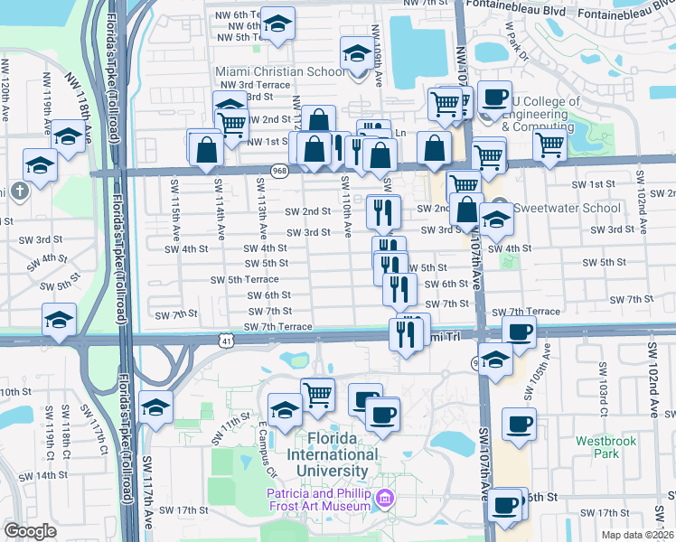 map of restaurants, bars, coffee shops, grocery stores, and more near 11107 Southwest 5th Street in Miami