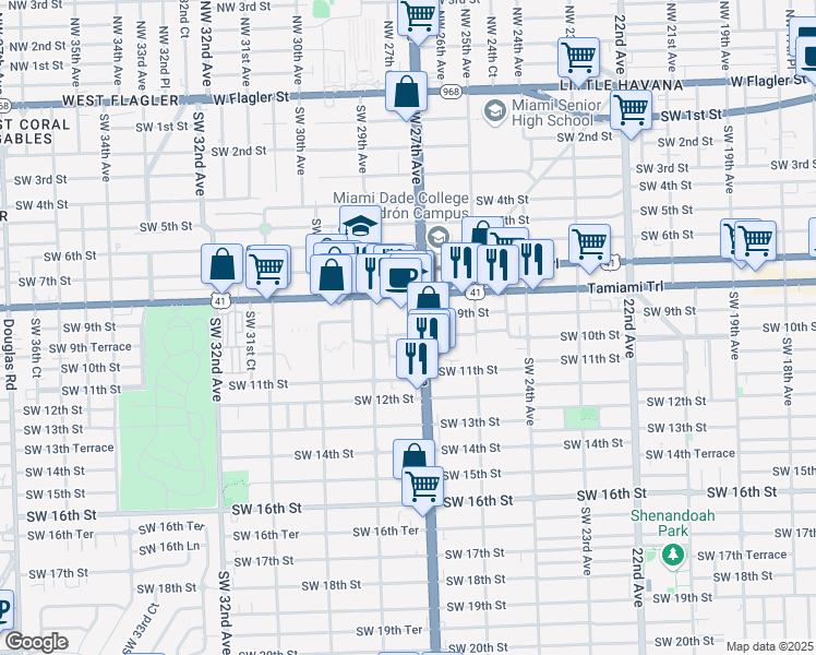 map of restaurants, bars, coffee shops, grocery stores, and more near 2701 Southwest 10th Street in Miami