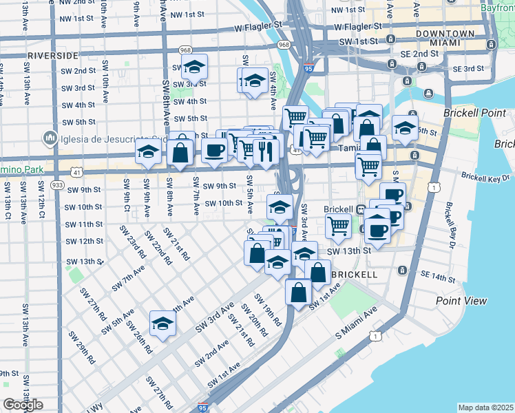 map of restaurants, bars, coffee shops, grocery stores, and more near 480 Southwest 10th Street in Miami