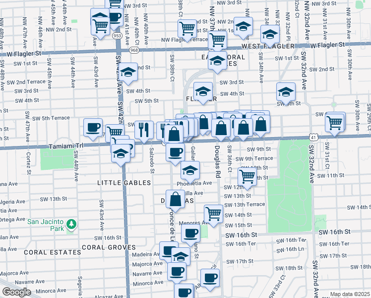 map of restaurants, bars, coffee shops, grocery stores, and more near 101 Antiquera Avenue in Coral Gables