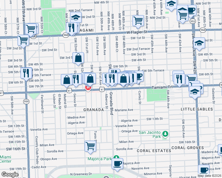 map of restaurants, bars, coffee shops, grocery stores, and more near SW 8th St & Granada Blvd in Miami