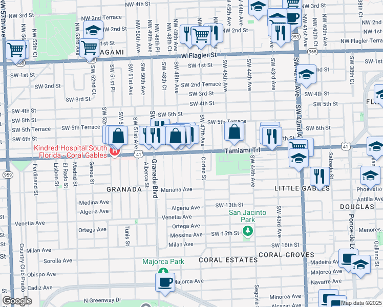 map of restaurants, bars, coffee shops, grocery stores, and more near 801 Santiago Street in Coral Gables