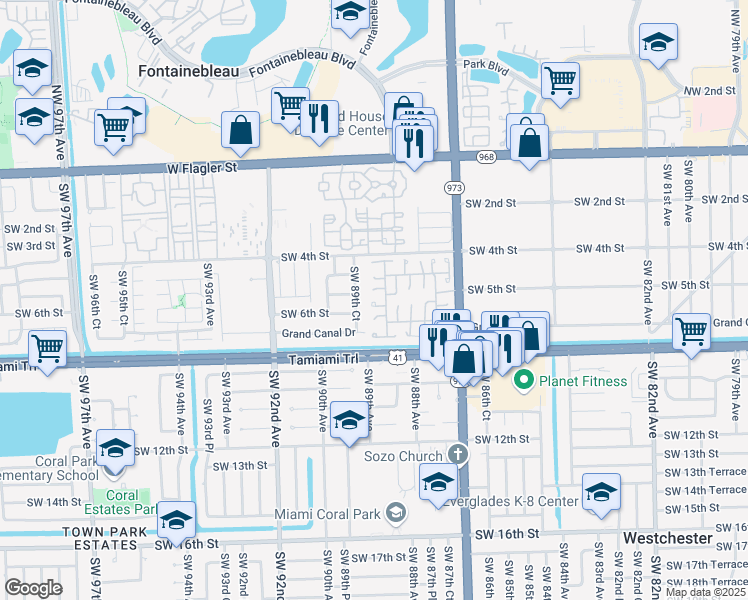 map of restaurants, bars, coffee shops, grocery stores, and more near 8925 Southwest 5th Terrace in Miami