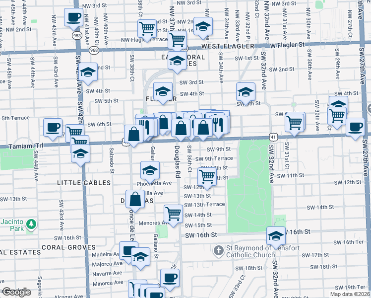map of restaurants, bars, coffee shops, grocery stores, and more near 890 Southwest 36th Court in Miami