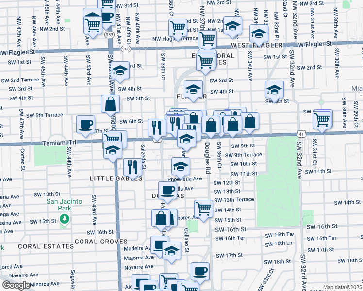 map of restaurants, bars, coffee shops, grocery stores, and more near 101 Antiquera Avenue in Coral Gables