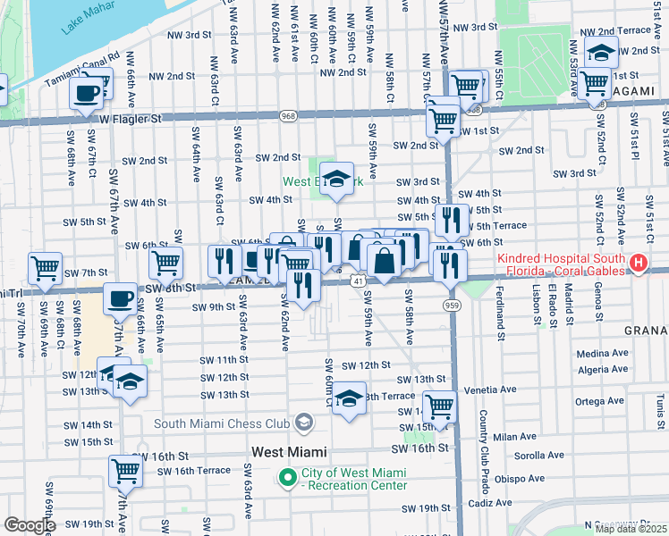 map of restaurants, bars, coffee shops, grocery stores, and more near 710 Southwest 60th Avenue in Miami