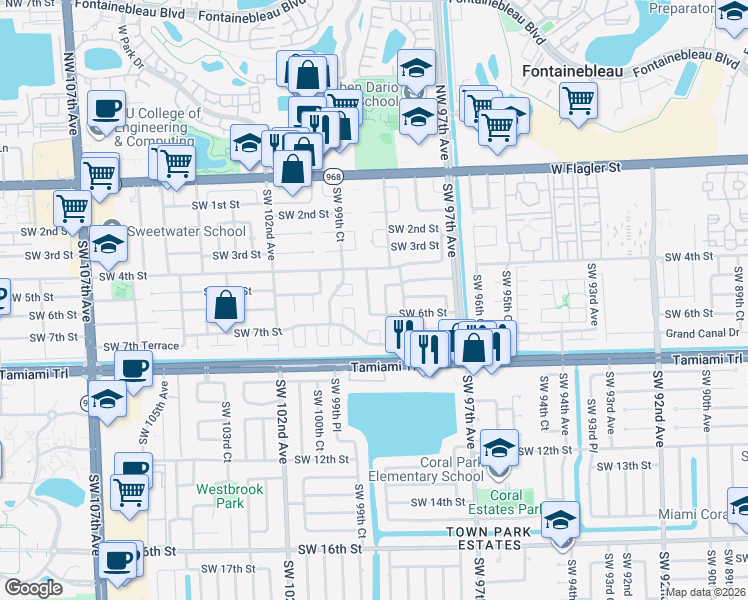 map of restaurants, bars, coffee shops, grocery stores, and more near 511 Southwest 99th Avenue in Miami