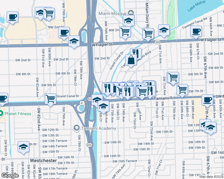 map of restaurants, bars, coffee shops, grocery stores, and more near 670 Tamiami Canal Road in Miami