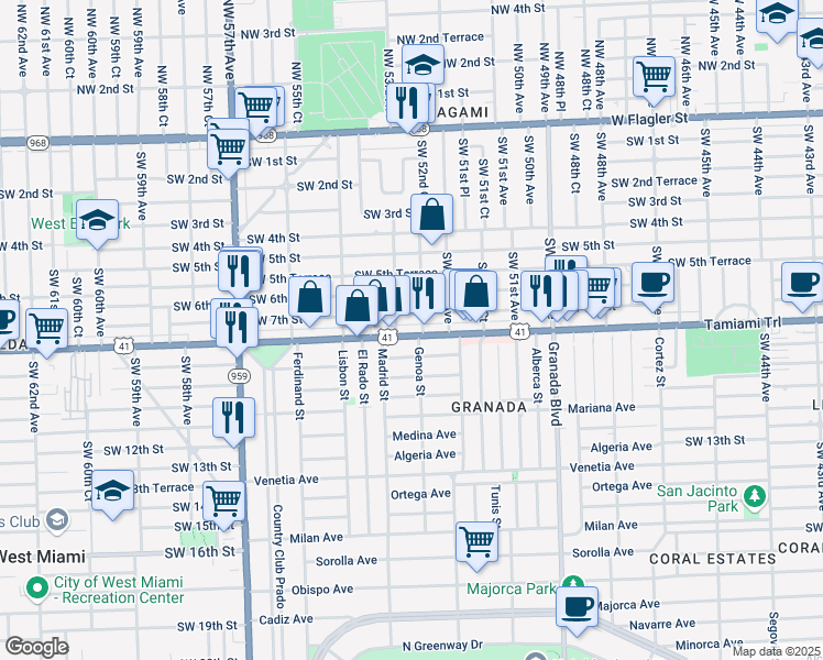 map of restaurants, bars, coffee shops, grocery stores, and more near 5271 Southwest 8th Street in Coral Gables