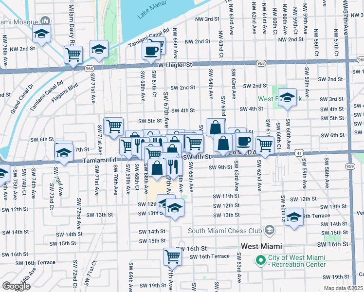 map of restaurants, bars, coffee shops, grocery stores, and more near 661 Southwest 66th Avenue in Miami