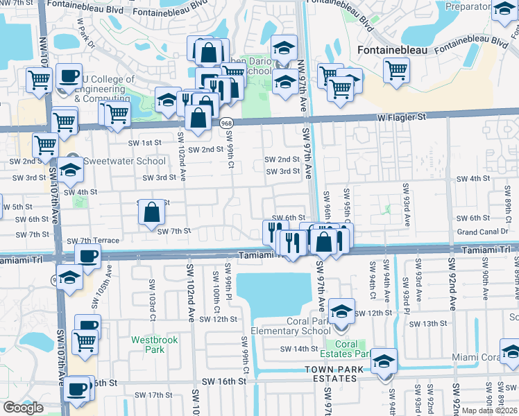 map of restaurants, bars, coffee shops, grocery stores, and more near 511 Southwest 99th Avenue in Miami
