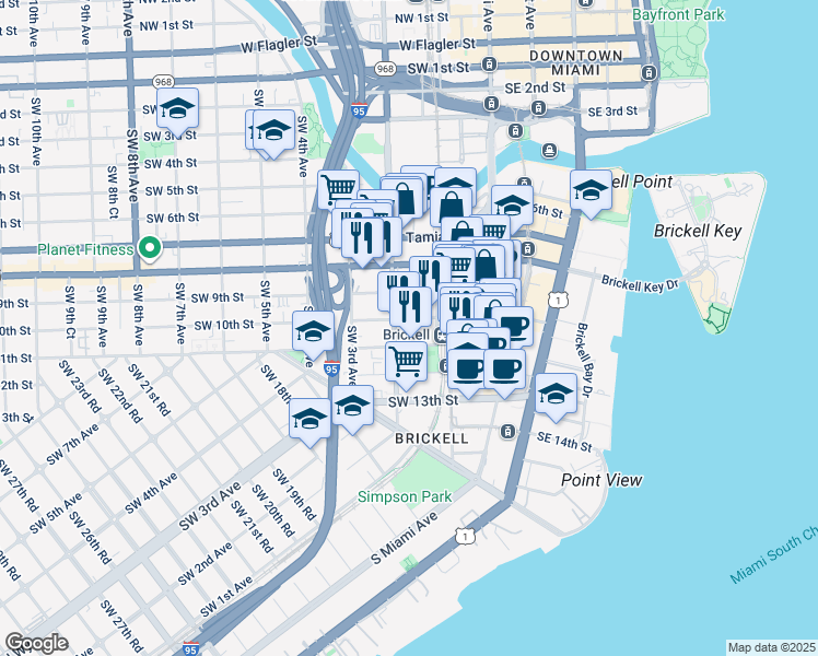 map of restaurants, bars, coffee shops, grocery stores, and more near 125 Southwest 11th Street in Miami