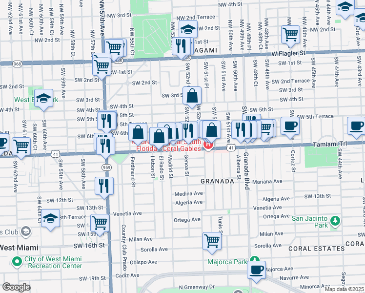 map of restaurants, bars, coffee shops, grocery stores, and more near 5271 Southwest 8th Street in Miami