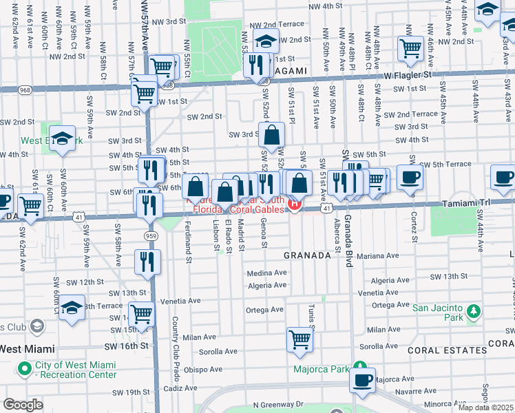 map of restaurants, bars, coffee shops, grocery stores, and more near 5271 Southwest 8th Street in Coral Gables