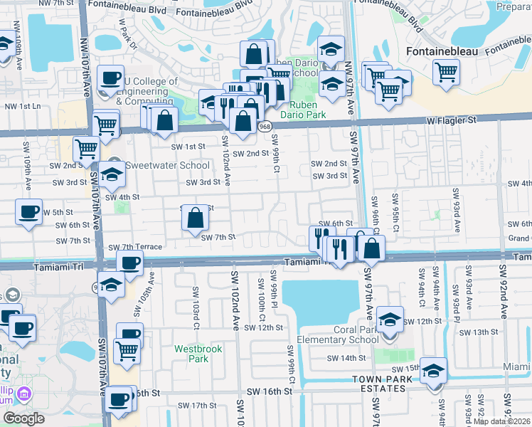 map of restaurants, bars, coffee shops, grocery stores, and more near 9950 Southwest 5th Street Circle in Miami