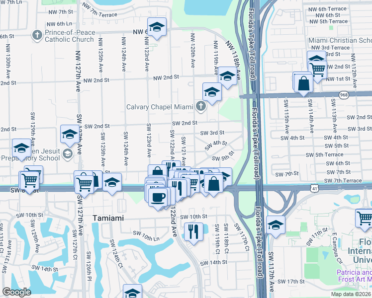 map of restaurants, bars, coffee shops, grocery stores, and more near 460 Southwest 120th Avenue in Miami