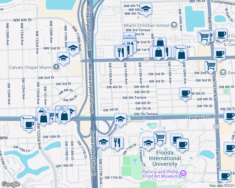 map of restaurants, bars, coffee shops, grocery stores, and more near 11452 Southwest 5th Street in Miami