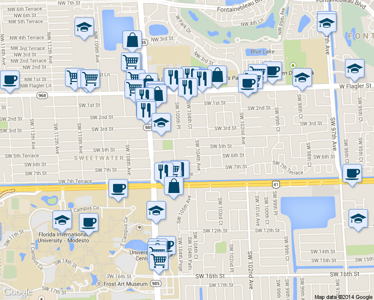 map of restaurants, bars, coffee shops, grocery stores, and more near 10450 Southwest 5th Street in Miami