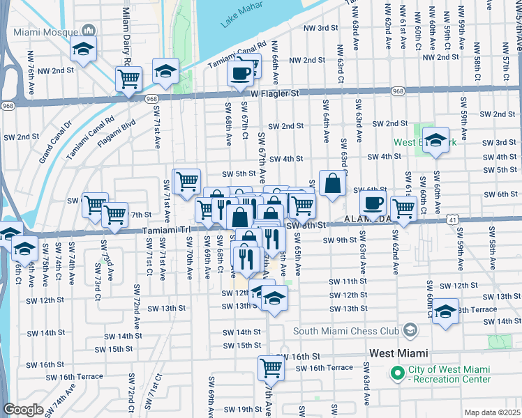 map of restaurants, bars, coffee shops, grocery stores, and more near 624 Ludlam Road in Miami