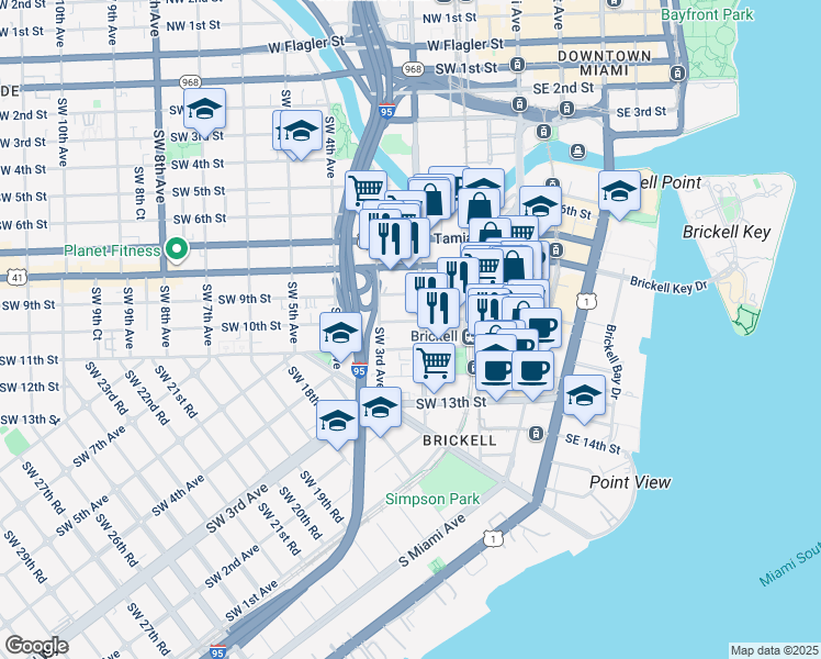 map of restaurants, bars, coffee shops, grocery stores, and more near 1010 Southwest 2nd Avenue in Miami